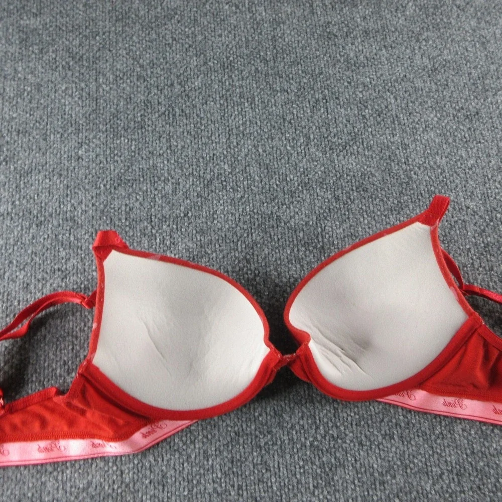 PINK Wear Everywhere Bra Womens 34C Red Heart Print Push Up Underwire Padded